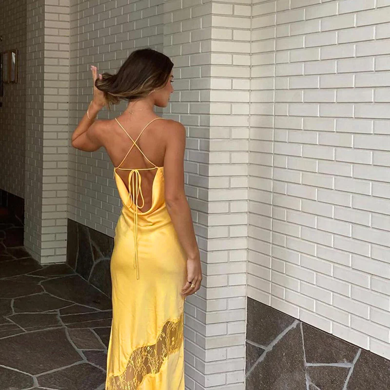 Yellow New Lace Spaghetti Straps Sexy Backless Mid-Length Elegant Satin Prom Dress Evening Dress Party Dress