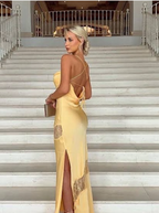 Yellow New Lace Spaghetti Straps Sexy Backless Mid-Length Elegant Satin Prom Dress Evening Dress Party Dress