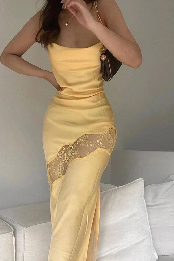 Yellow New Lace Spaghetti Straps Sexy Backless Mid-Length Elegant Satin Prom Dress Evening Dress Party Dress