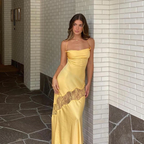 Yellow New Lace Spaghetti Straps Sexy Backless Mid-Length Elegant Satin Prom Dress Evening Dress Party Dress
