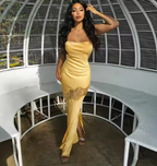 Yellow New Lace Spaghetti Straps Sexy Backless Mid-Length Elegant Satin Prom Dress Evening Dress Party Dress