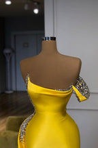 New One Shoulder Bright Yellow Mentallic Sequins Overskirt Prom Dress