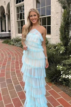 New Style Halter Ruffles Tulle Prom Dresses With Slit Charming Long Prom Dresses