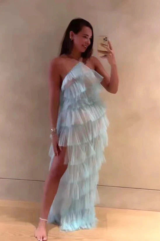 New Style Halter Ruffles Tulle Prom Dresses With Slit Charming Long Prom Dresses