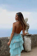 New Style Halter Ruffles Tulle Prom Dresses With Slit Charming Long Prom Dresses