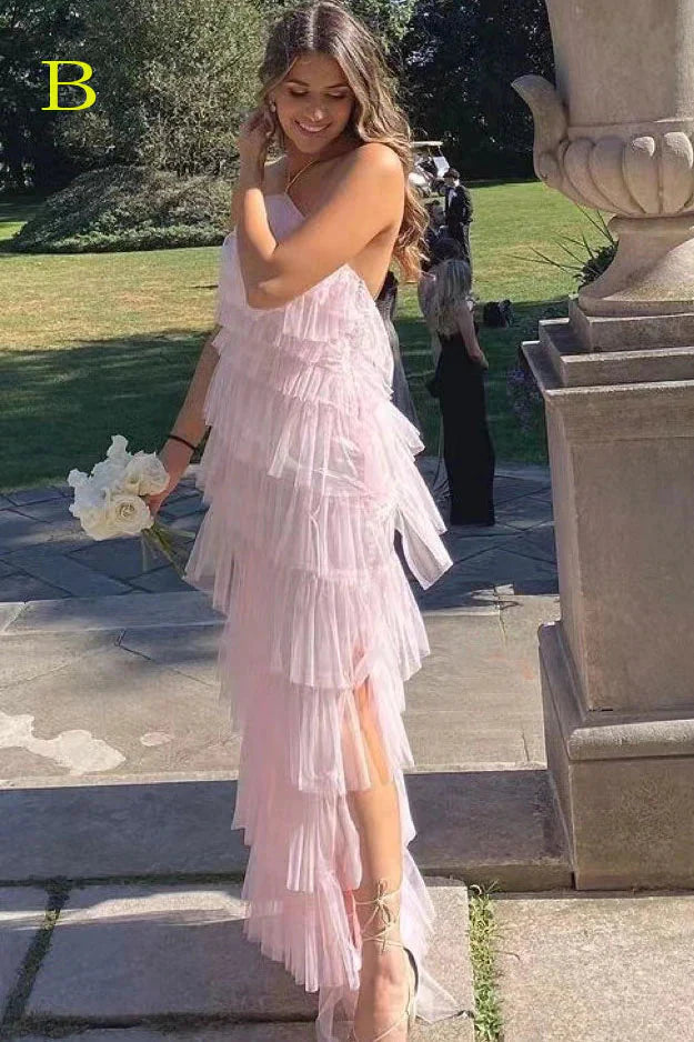 New Style Halter Ruffles Tulle Prom Dresses With Slit Charming Long Prom Dresses
