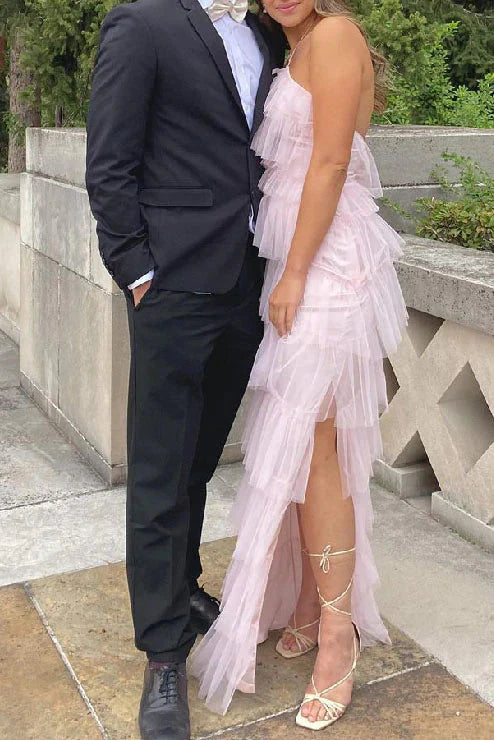New Style Halter Ruffles Tulle Prom Dresses With Slit Charming Long Prom Dresses