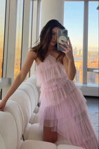 New Style Halter Ruffles Tulle Prom Dresses With Slit Charming Long Prom Dresses