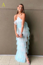 New Style Halter Ruffles Tulle Prom Dresses With Slit Charming Long Prom Dresses