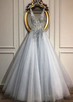 New! Tulle V-Neck A-Line Wedding Dress With Beadings