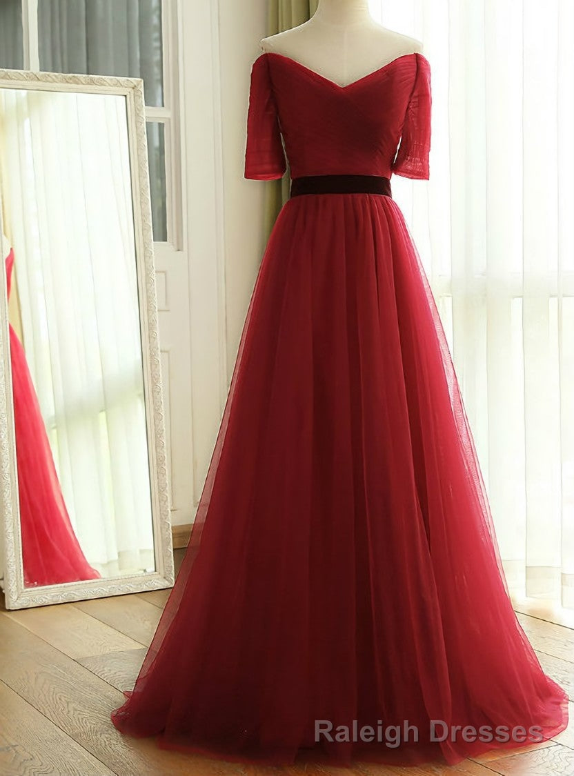 New Wine Red Long Floor Length Off The Shoulder Ruched Tulle Bridesmaid Dresses Main image