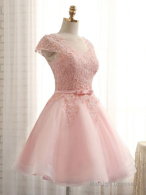 Newest Pink Lace Cap Sleeve A-Line Yarn Back With Bow Sash Pretty Junior Homecoming Dress