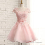 Newest Pink Lace Cap Sleeve A-Line Yarn Back With Bow Sash Pretty Junior Homecoming Dress