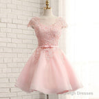 Newest Pink Lace Cap Sleeve A-Line Yarn Back With Bow Sash Pretty Junior Homecoming Dresses