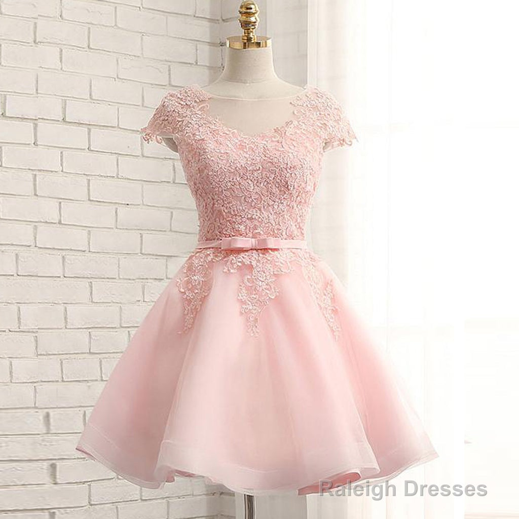 Newest Pink Lace Cap Sleeve A-Line Yarn Back With Bow Sash Pretty Junior Homecoming Dresses