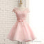 Newest Pink Lace Cap Sleeve A-Line Yarn Back With Bow Sash Pretty Junior Homecoming Dresses