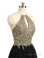 Newest Unique Beading Halter Lace Appliques Top  Black Chiffon Skirt Open Back Homecoming Dress