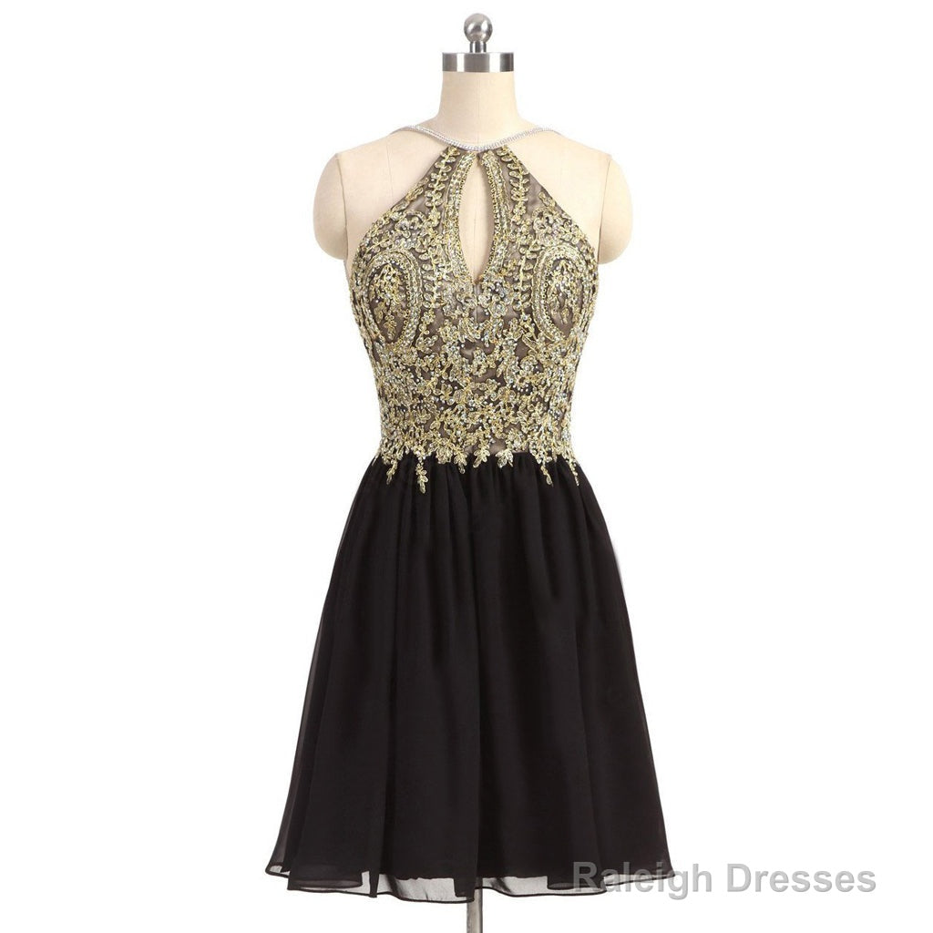Newest Unique Beading Halter Lace Appliques Top  Black Chiffon Skirt Open Back Homecoming Dress Main image