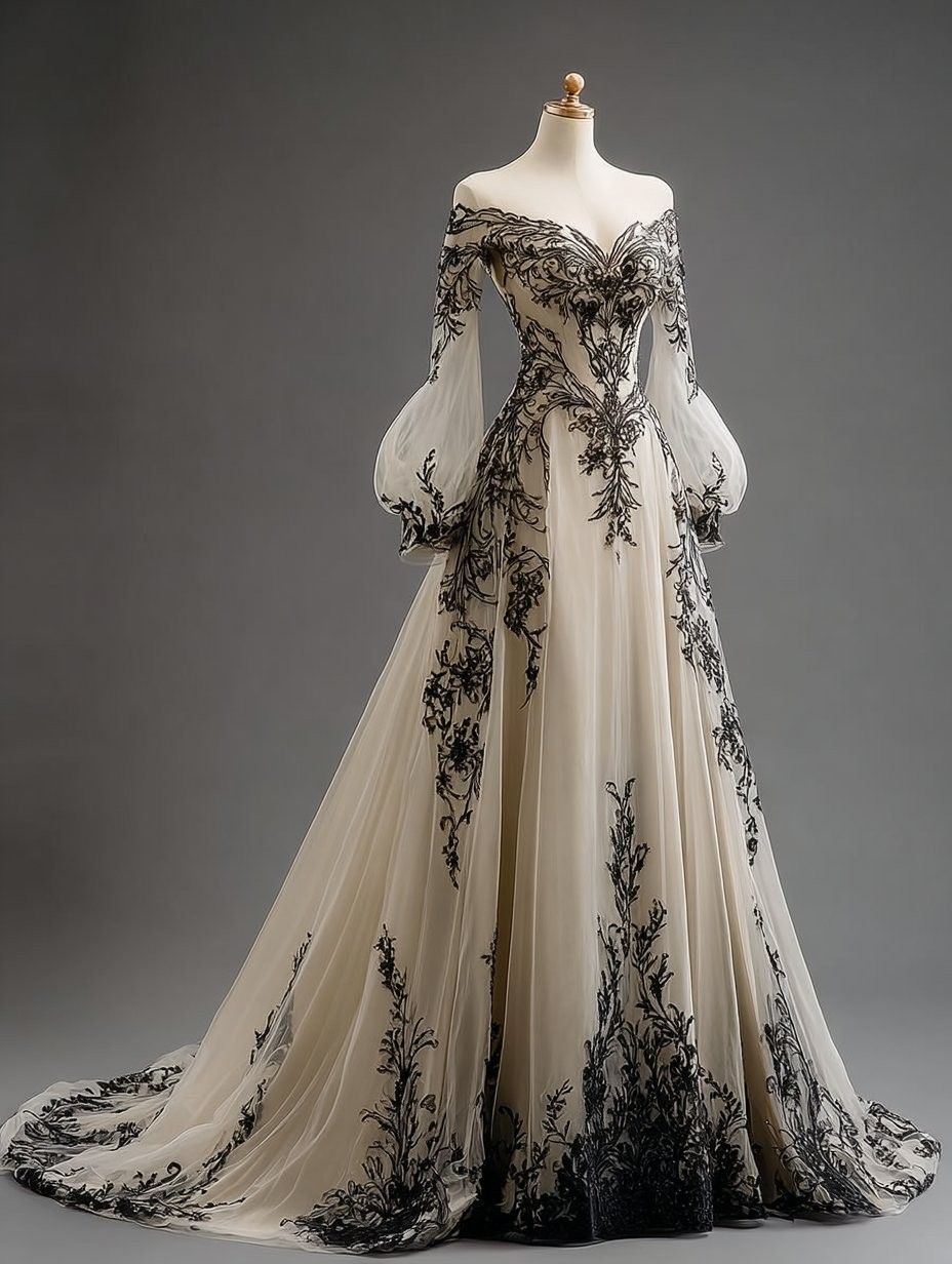 NiceVestidos-Black-White Paneled Lace Tulle Off-Shoulder Lantern-Sleeve Floor-Length Gothic Gowns Main image