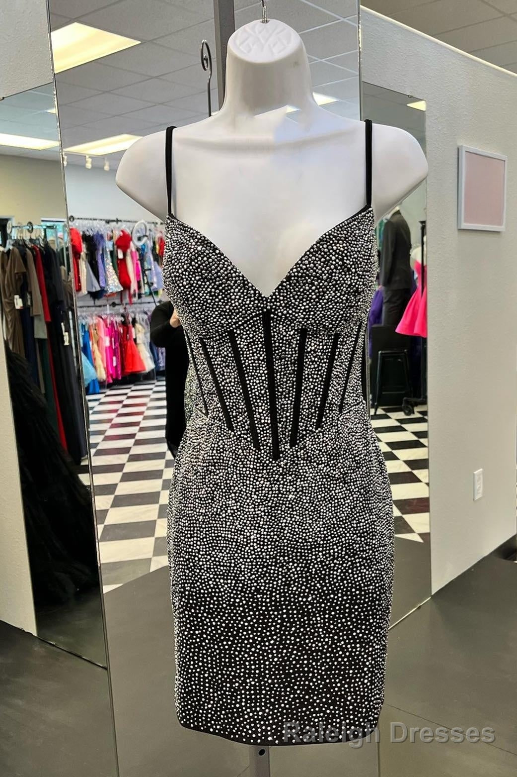 Black Sheath Straps V Neck Beaded Homecoming Dress