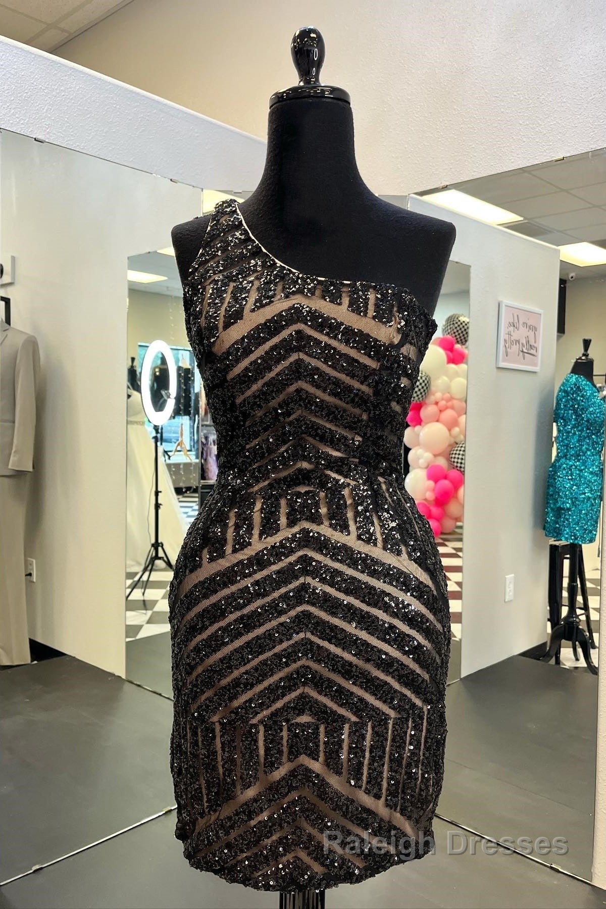 Tight One Shoulder Hot Pink Sequins Homecoming Dress Secondary image