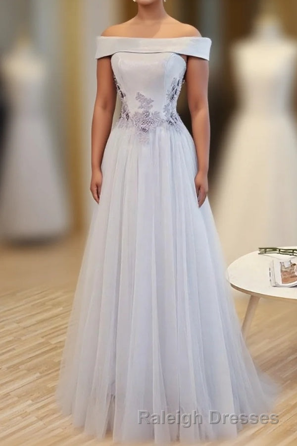 Gray A Line Off Shoulder Floor Length Prom Dress, Lace Evening Dress