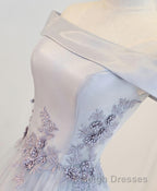 Gray A Line Off Shoulder Floor Length Prom Dresses Lace Prom Dresses