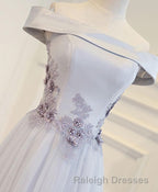 Gray A Line Off Shoulder Floor Length Prom Dress, Lace Evening Dress