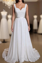 Noble A-Line Shoulder Strap With Chiffon Patch Flower Dew Back And Ground Length Wedding Dress