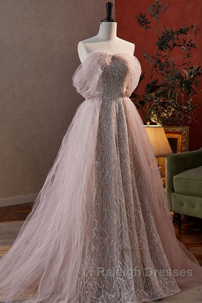 Noble And Charming Dark Pink Beaded Sequins Off The Shoulder Short Sleeved Ball Dress, Dark Pink A-Shaped Princess Backless Strap And Ground Length Evening Dress Secondary image