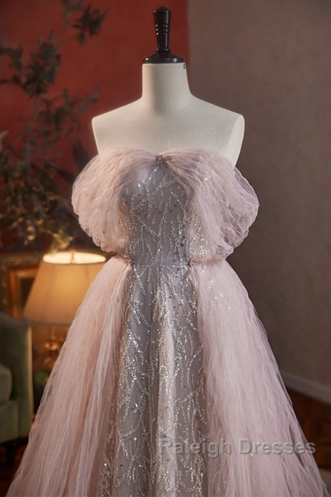 Noble And Charming Dark Pink Beaded Sequins Off The Shoulder Short Sleeved Ball Dress, Dark Pink A-Shaped Princess Backless Strap And Ground Length Evening Dress