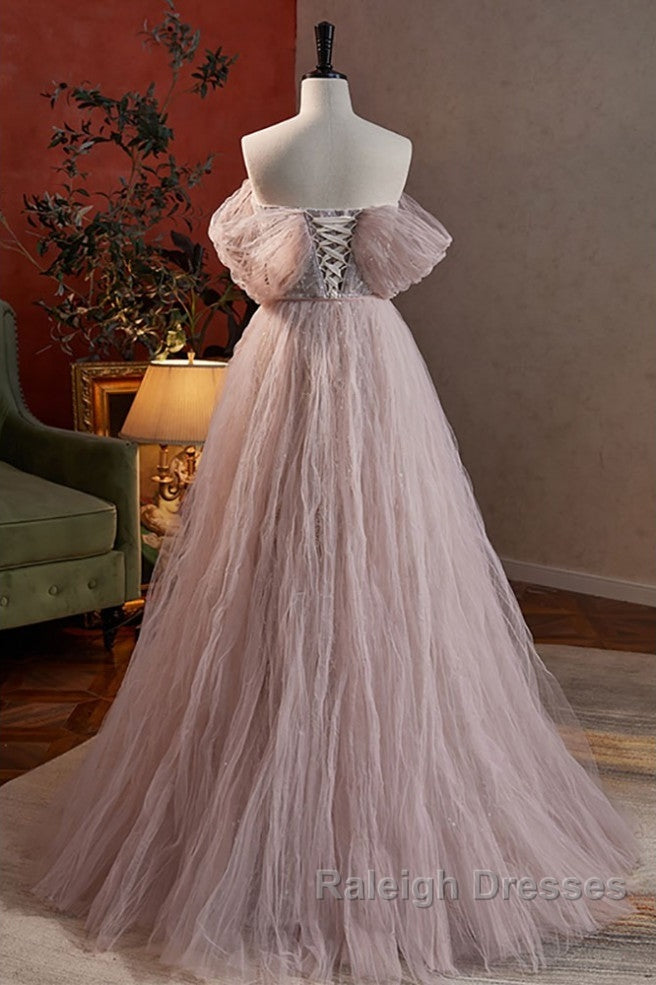 Noble And Charming Dark Pink Beaded Sequins Off The Shoulder Short Sleeved Ball Dress, Dark Pink A-Shaped Princess Backless Strap And Ground Length Evening Dress