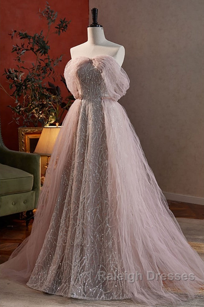 Noble And Charming Dark Pink Beaded Sequins Off The Shoulder Short Sleeved Ball Dress, Dark Pink A-Shaped Princess Backless Strap And Ground Length Evening Dress