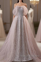 Noble And Charming Dark Pink Beaded Sequins Off The Shoulder Short Sleeved Ball Dress, Dark Pink A-Shaped Princess Backless Strap And Ground Length Evening Dress