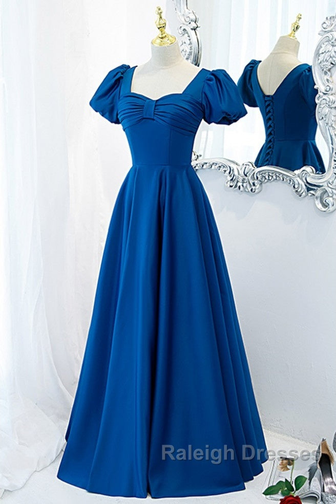 Noble And Elegant Blue Satin Retro Square Neck Short Sleeved Ball Dresses With Blue Backless Strap And Floor Length Prom Dresses Secondary image
