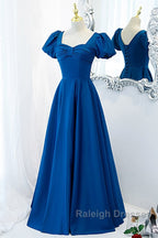 Noble And Elegant Blue Satin Retro Square Neck Short Sleeved Ball Dresses With Blue Backless Strap And Floor Length Prom Dresses