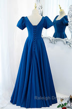 Noble And Elegant Blue Satin Retro Square Neck Short Sleeved Ball Dress With Blue Backless Strap And Floor Length Evening Dress