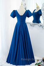 Noble And Elegant Blue Satin Retro Square Neck Short Sleeved Ball Dresses With Blue Backless Strap And Floor Length Prom Dresses