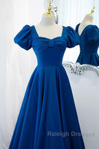 Noble And Elegant Blue Satin Retro Square Neck Short Sleeved Ball Dresses With Blue Backless Strap And Floor Length Prom Dresses