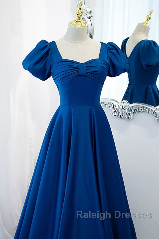Noble And Elegant Blue Satin Retro Square Neck Short Sleeved Ball Dresses With Blue Backless Strap And Floor Length Prom Dresses