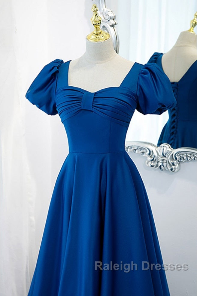 Noble And Elegant Blue Satin Retro Square Neck Short Sleeved Ball Dresses With Blue Backless Strap And Floor Length Prom Dresses