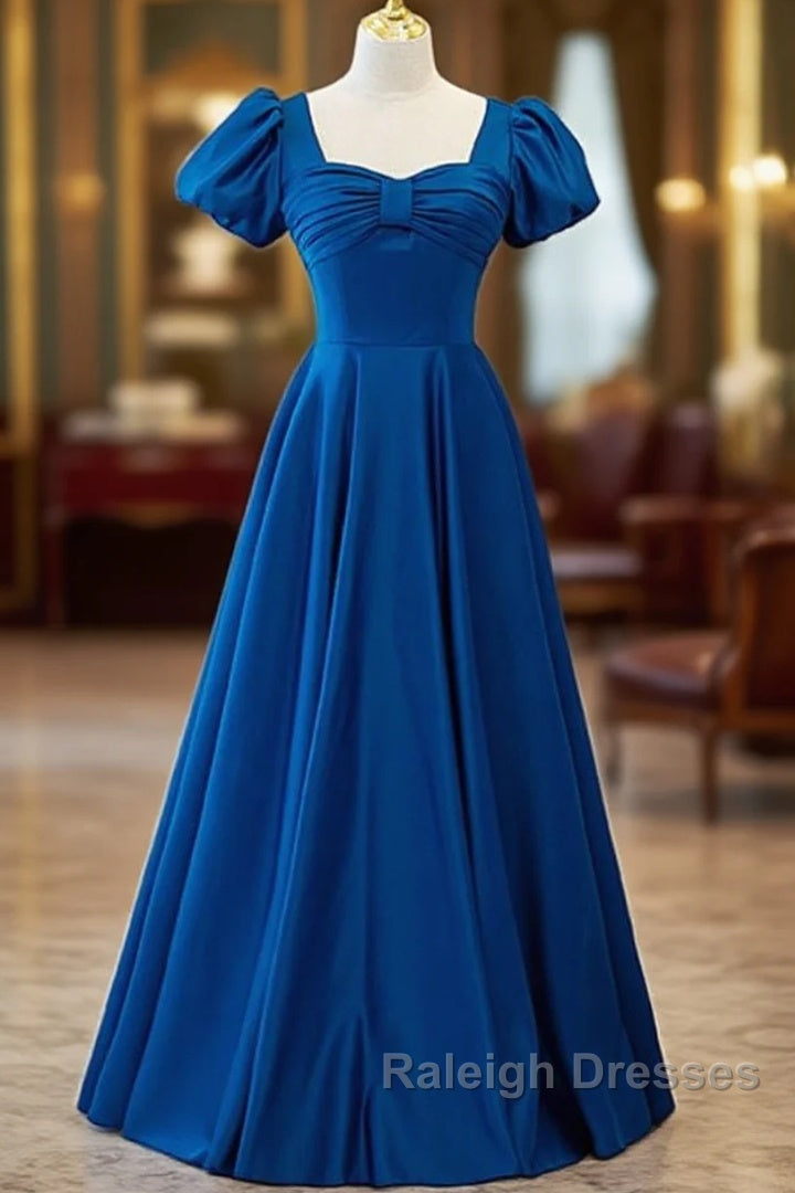 Noble And Elegant Blue Satin Retro Square Neck Short Sleeved Ball Dresses With Blue Backless Strap And Floor Length Prom Dresses
