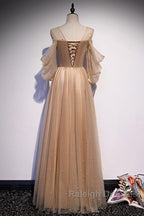 Noble And Elegant Champagne Beaded Long Sleeved Off Shoulder Ball Dresses Champagne A-Line Princess Off Shoulder Strap And Floor Length Prom Dresses