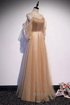 Noble And Elegant Champagne Beaded Long Sleeved Off Shoulder Ball Dress Champagne A-Line Princess Off Shoulder Strap And Floor Length Prom Dress