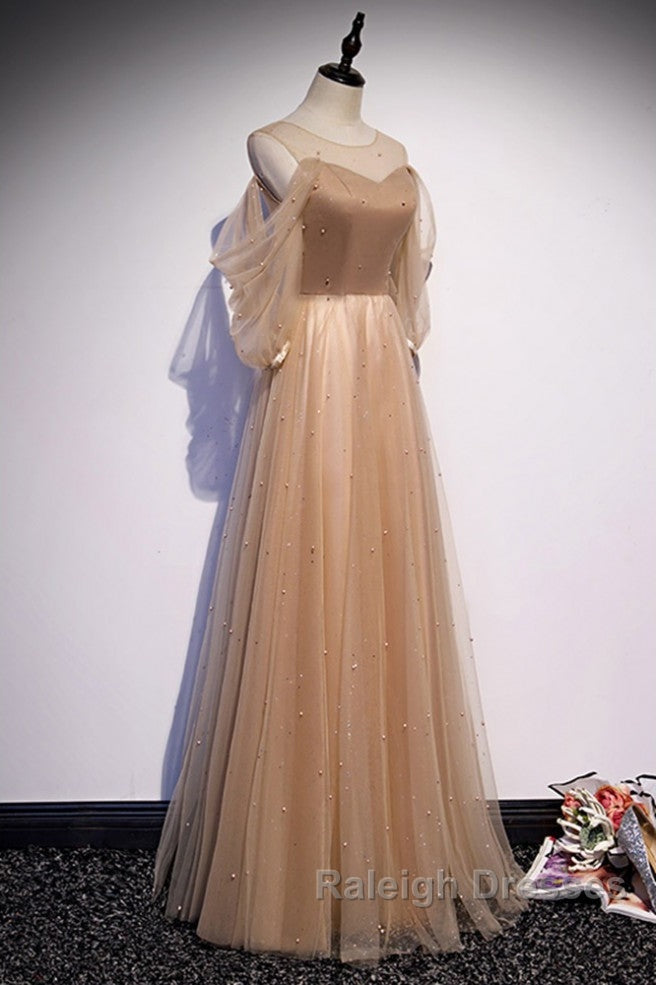 Noble And Elegant Champagne Beaded Long Sleeved Off Shoulder Ball Dress Champagne A-Line Princess Off Shoulder Strap And Floor Length Prom Dress