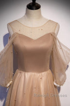 Noble And Elegant Champagne Beaded Long Sleeved Off Shoulder Ball Dress Champagne A-Line Princess Off Shoulder Strap And Floor Length Prom Dress