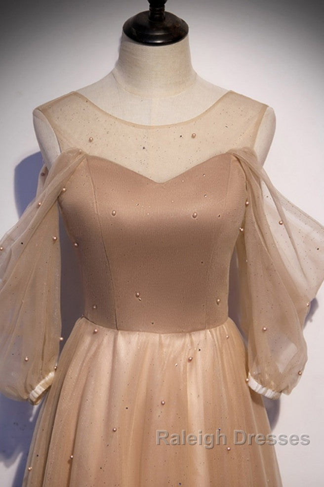 Noble And Elegant Champagne Beaded Long Sleeved Off Shoulder Ball Dress Champagne A-Line Princess Off Shoulder Strap And Floor Length Prom Dress