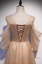 Noble And Elegant Champagne Beaded Long Sleeved Off Shoulder Ball Dress Champagne A-Line Princess Off Shoulder Strap And Floor Length Prom Dress