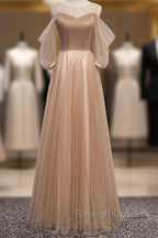 Noble And Elegant Champagne Beaded Long Sleeved Off Shoulder Ball Dresses Champagne A-Line Princess Off Shoulder Strap And Floor Length Prom Dresses