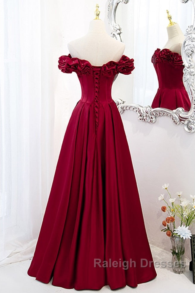 Noble And Elegant Wine Red Sleeveless Off Shoulder Beaded Ball Dresses With Wine Red A-Shaped Backless Strap And Ground Length Ruffled Hem Prom Dresses Secondary image